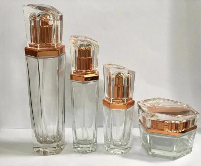 China Luxury Transparent Cream Bottles Skincare Packaging  / Glass Cosmetic Bottle Six Sides for sale