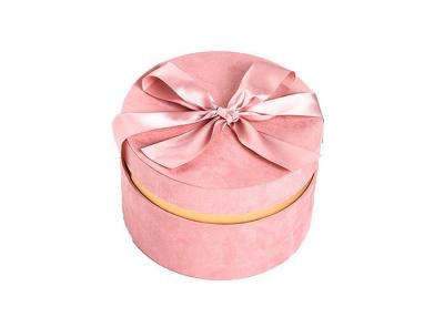 China Round Glitter Velvet Jewelry Box , Suede Gift Box Stamping Logo With Top Ribbon for sale