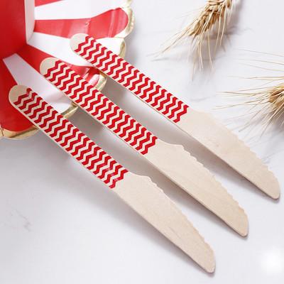 China Red Stripe Cutlery Disposable Biodegradable Wooden Tableware Utensils for sale