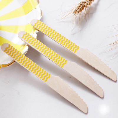 China Yellow  Striped Wooden Cutlery Party Picnic Spoon Fork Knife Utensils Set for sale