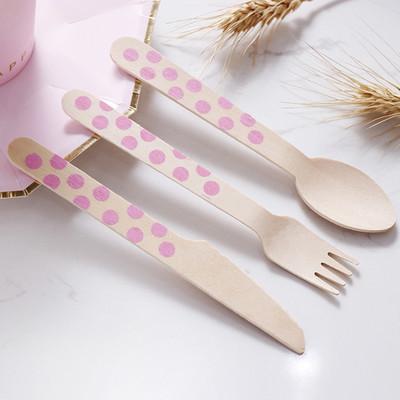 China Biodegradable Didposable 160mm Wooden Cutlery Utensil Dot Baby Pink Spoon for sale
