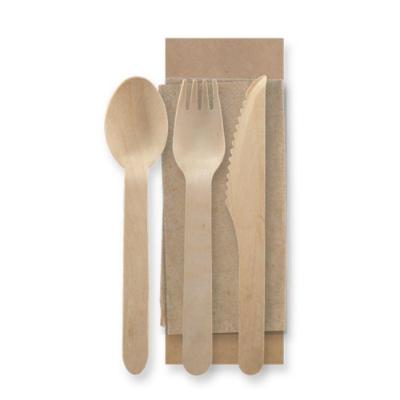 China 160 mm 100% disposable  wooden knife fork spoon brown napkin pepper wrapped individually can be customized logo for sale
