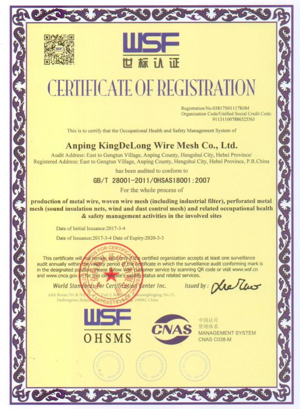 ISO 18001 - Anping Kingdelong Wire Mesh Co.,Ltd