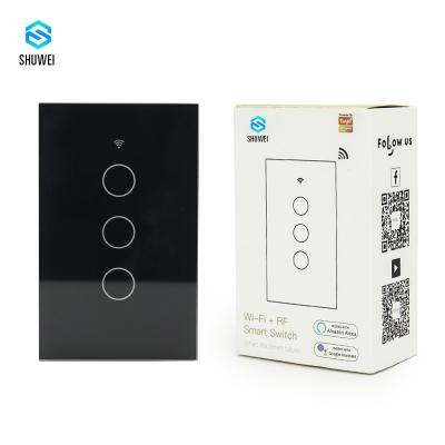 China OEM 110V American Black Touch 3 Gang 3 Way Smart Switch Voice Control TuyaAPP Alexa Google Home for sale