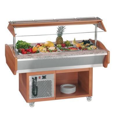 China Commercial Marble Island Refrigerator Wooden Salad Bar Table Fruit Salad Showcase Freezer For Buffet for sale