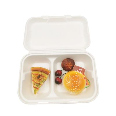 China 2 Compart Sugarcane Fibers Clamshell Lunch Box Eco Friendly Biodegradable for sale