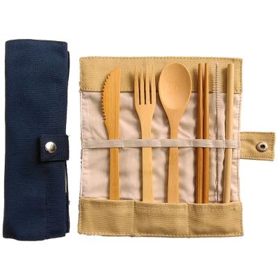 China Portable Bamboo Travel Cutlery Set Chopsticks Spoon Straw Six Piece Cloth Bag Packing for sale