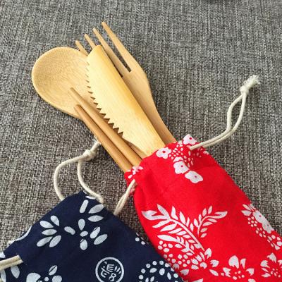 China Disposable Portable Organic Bamboo Spoon Fork Chopsticks Set Cloth Bag Packing for sale