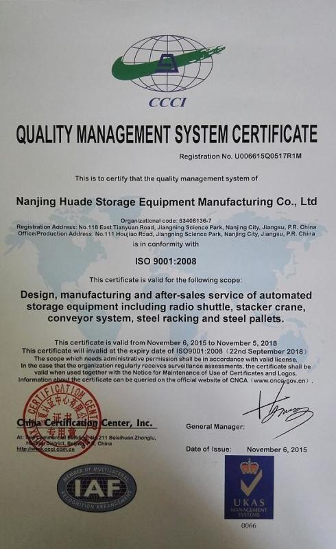 ISO 9001:2008 - Nanjing Huade Storage Equipment Manufacturing Co.,Ltd