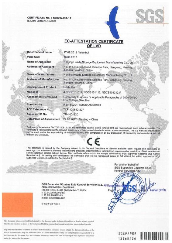 CE-Attestation Certificate of LVD - Nanjing Huade Storage Equipment Manufacturing Co.,Ltd