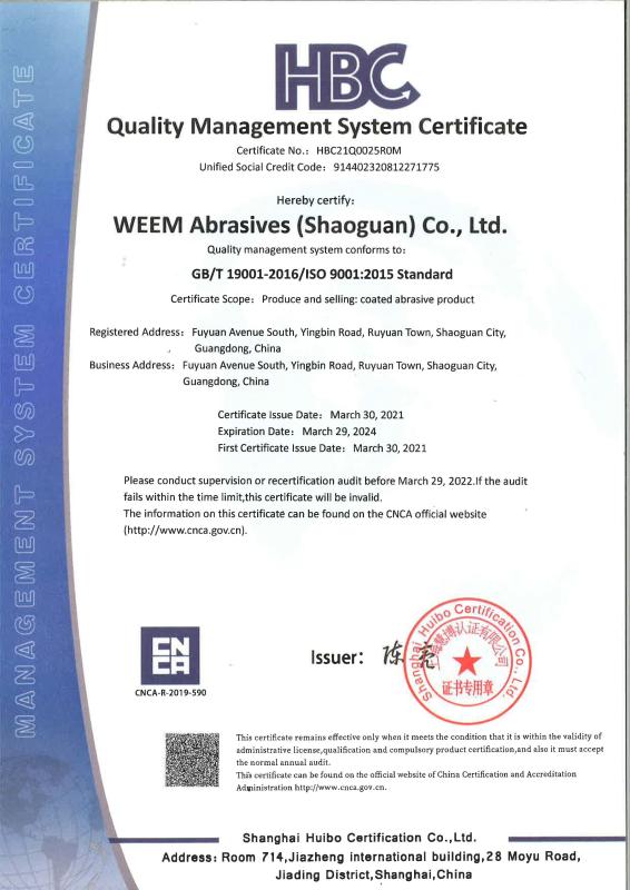 GB/T19001-2016/ISO 9001:2015 - WEEM Abrasives