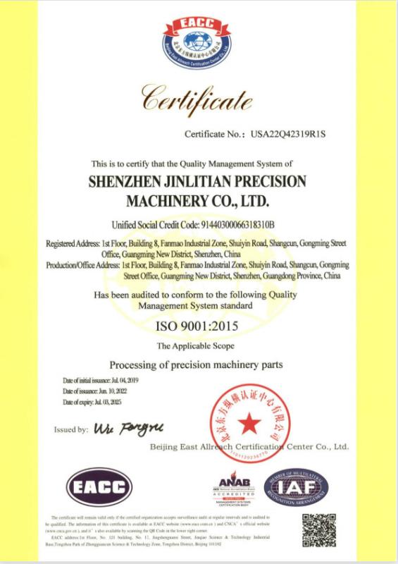 ISO 9001:2015 - Shenzhen Jinlitian Precision Machinery Co., Ltd.