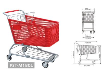 China Carretilla de las compras del supermercado del color rojo de PST-M180L con cuatro el carro de la compra de las ruedas 180L para el colmado en venta