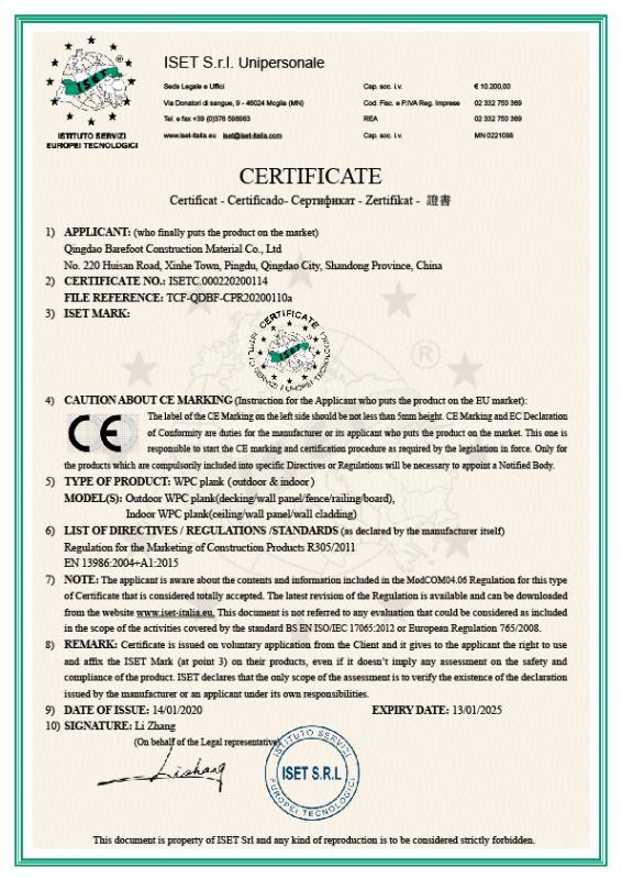 CE - Qingdao Barefoot Construction Material Co., Ltd.