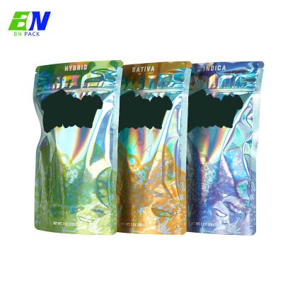 China 7g Holographic Fluorescence Discoloration Marijuana Bags Weed Ounce Bag Tamper Evident Mylar Bags for sale