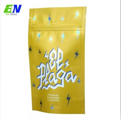 China Gold Foil Weed Stand Pouch Exotic Weed Bags ISO 8317 Child Proof Zipper Bags for sale