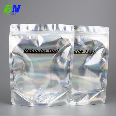 China Clear Window Resealable Holographic Laser Zipper Mylar Ziplock Packaging Bag for sale