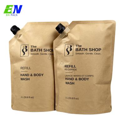 China Recyclable Kraft Paper 1 Liter Refill Shampoo Pakcing Stand Up Spout Pouch for sale
