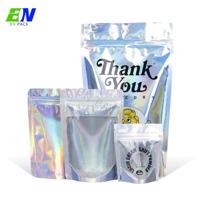 China Clear Front Holographic Mylar Bag Resealable Food Stand Up Pouch for sale