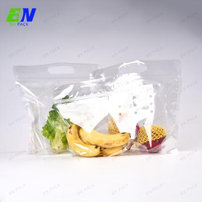 China Bolsas de embalaje de frutas y verduras Bolsas de plástico transparente Eco Poly con orificios de ventilación Bolsas de cremallera personalizadas con impresión de logotipo en venta
