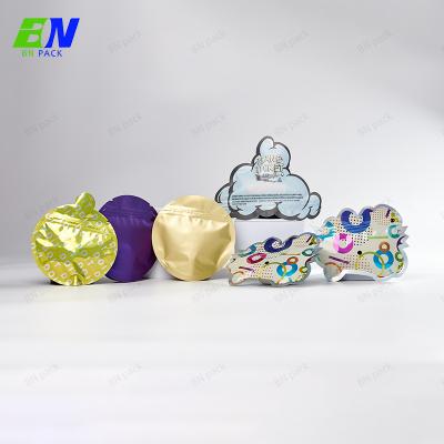 China Custom Die Cut Holographic Child Resistant Pouch Smell Proof Special Irregular Shape Gummies Packaging Bag for sale