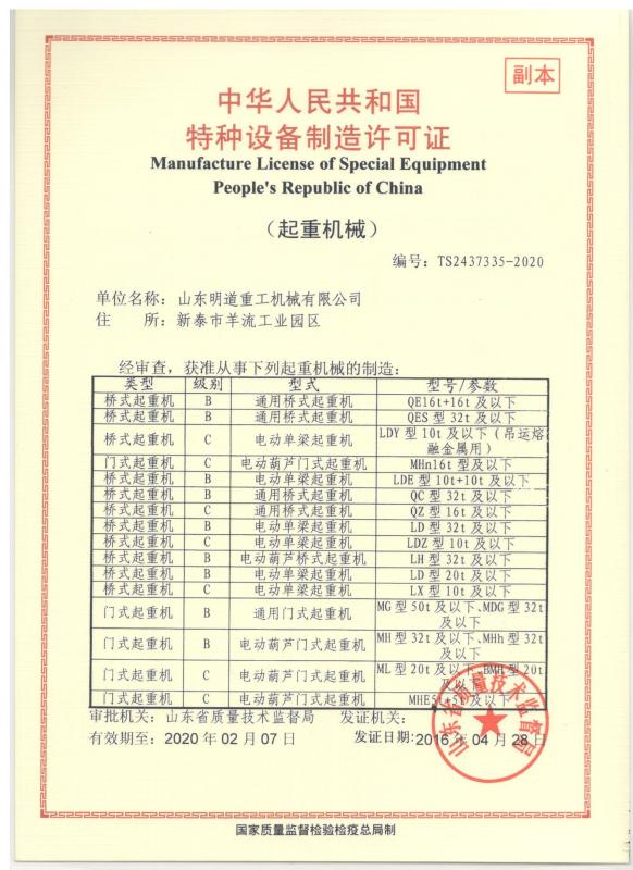 Special equipment production license - Shandong Mingdao Heavy Industry Machinery Co.,Ltd