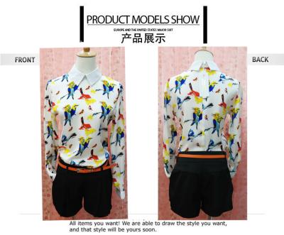 China Fashionable Style Bird Print Long Sleeves Peter pan Collar Chiffon Blouses For Ladies for sale