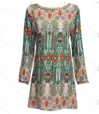 China Ethnic Style Round Collar Tribal Print Tassel Women polyester Dress à venda