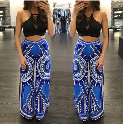 China breathable loose cotton printed long blue trouser with elastic waist à venda