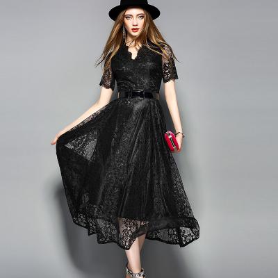 China Black wholesale  Belted Lace Dress for Women Clothing with zipper for sale