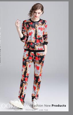 China women print round-neck long-sleeve printed blouse + fashion casual suit à venda