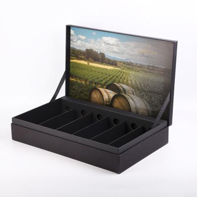 China Tailered Rigid Black Paper With Texture 6 Bottle Wine Packaging Box With Cardboard Insert for sale