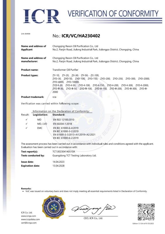 CE - Chongqing Rexon Oil Purification Co., Ltd.