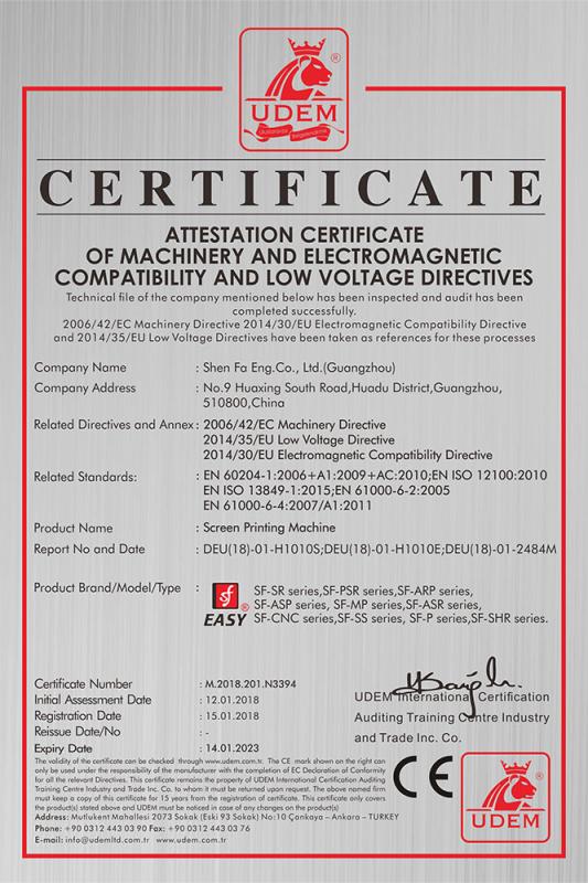 CE Certificate of Screen Printing Machine - Shen Fa Eng. Co., Ltd. (Guangzhou)