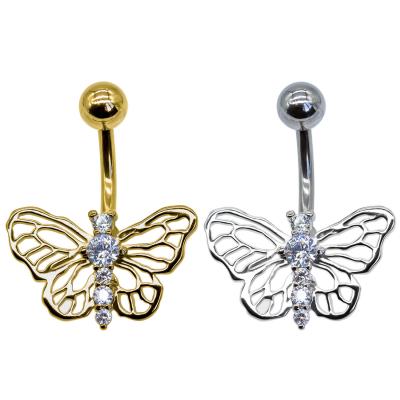 China silver gold Butterfly Belly Button Ring zircon gems 316 Stainless Steel bar for sale