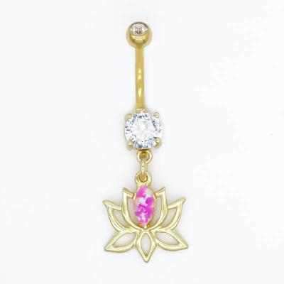 China 316 Stainless Steel Body Piercings Jewellery Gold Plated Lotus Dangle Pink Gem for sale