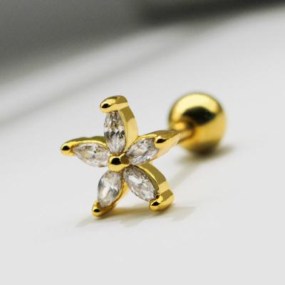China Gold Flower Ear Piercing Jewellery Clear Gems 1.2mm 16 Gauge Earrings Studs for sale