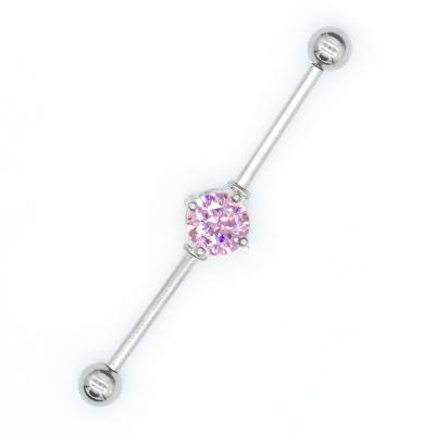China Pink Zircon Stone Industrial Bar Jewelry 40mm Surgical Steel Piercings for sale