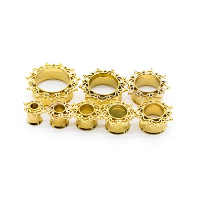 China Gold Flesh Ear Plug Tunnels Lace Edge 10mm Gold Body Piercing Jewelry for sale