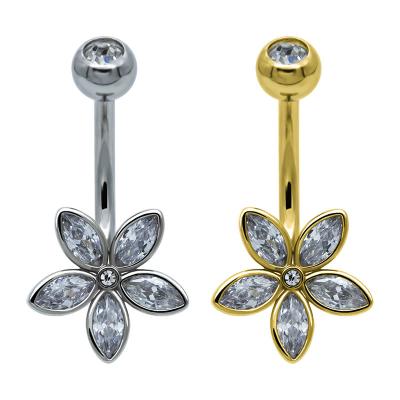 China Flower Marquise Crystals Silver Gold Navel Belly Ring Surgical Steel Piercing 14G for sale