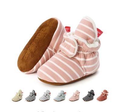 China Wholesale cheap Cotton fabric striped print socks soft sole prewalk boy girl baby booties for sale