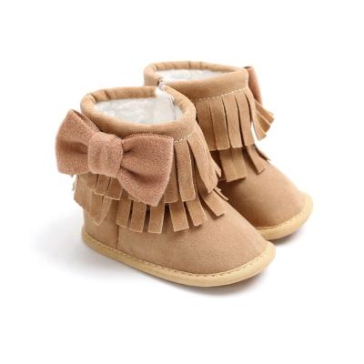 China Amazon hot Fringed bowknot PU Leather Soft sole Newborn toddler baby boots leather for sale