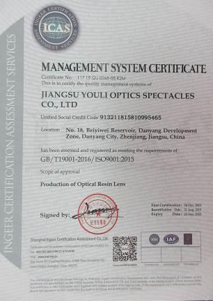 ISO9001 - Jiangsu Youli Optics Spectacles Co., Ltd.