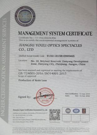 ISO14001 - Jiangsu Youli Optics Spectacles Co., Ltd.