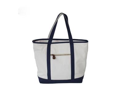 China Durable Blue White Cotton Tote Bags Front Zipper Cotton Canvas Grocery Bags for sale
