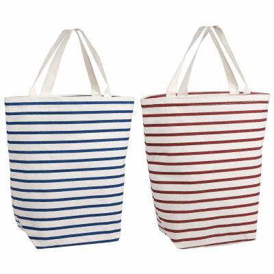 China Resuable Blue Red Stripes 100% Cotton Shopping Bags With Logo PVC Liner for sale