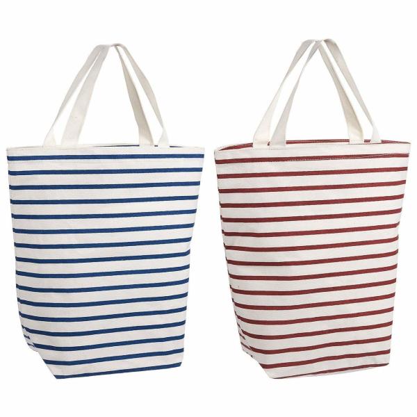 Quality Resuable Blue Red Stripes 100% Cotton Shopping Bags With Logo PVC Liner for sale