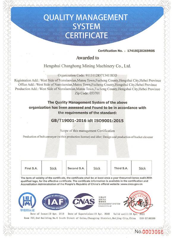 QUALITY MANAGEMENT SYSTEM CERTIFICATE - Chang Hong Mining Machinery Co., Ltd.