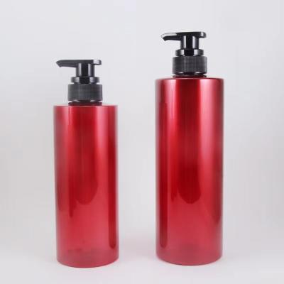 China Customizable Plastic Shampoo Pump Bottle 300ml 750ml PET Red Round Flat Shoulder Wash for sale