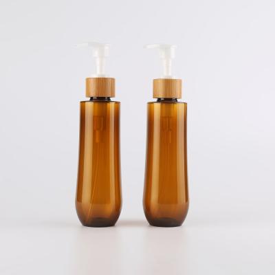 China Lotion Bamboo Cosmetic Packaging Bottle Plastic Amber Shampoo Bottle 5.7oz 170ml for sale